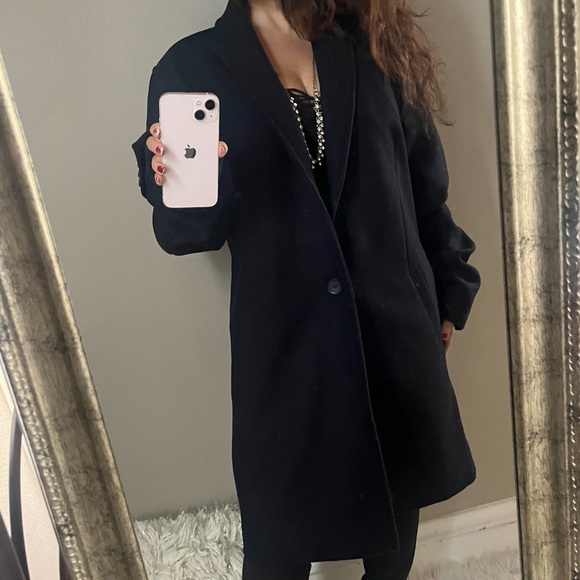 Men’s Topman dark blue wool coat size large unisex women women’s - Picture 15 of 15